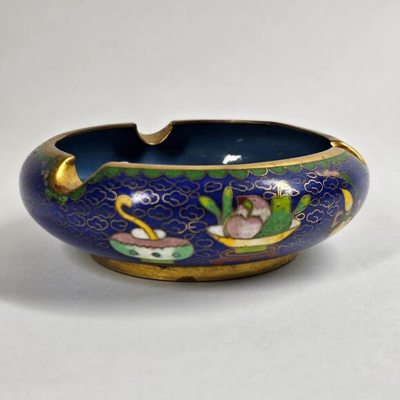 Cloisonne Enameled Brass Ashtray Vintage Blue - Picture 1 of 13